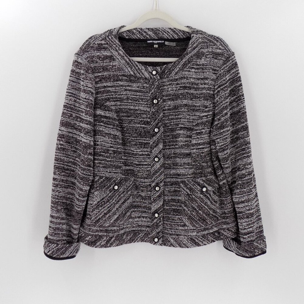 Karl Lagerfeld Black and White Textured Button-Front Blazer